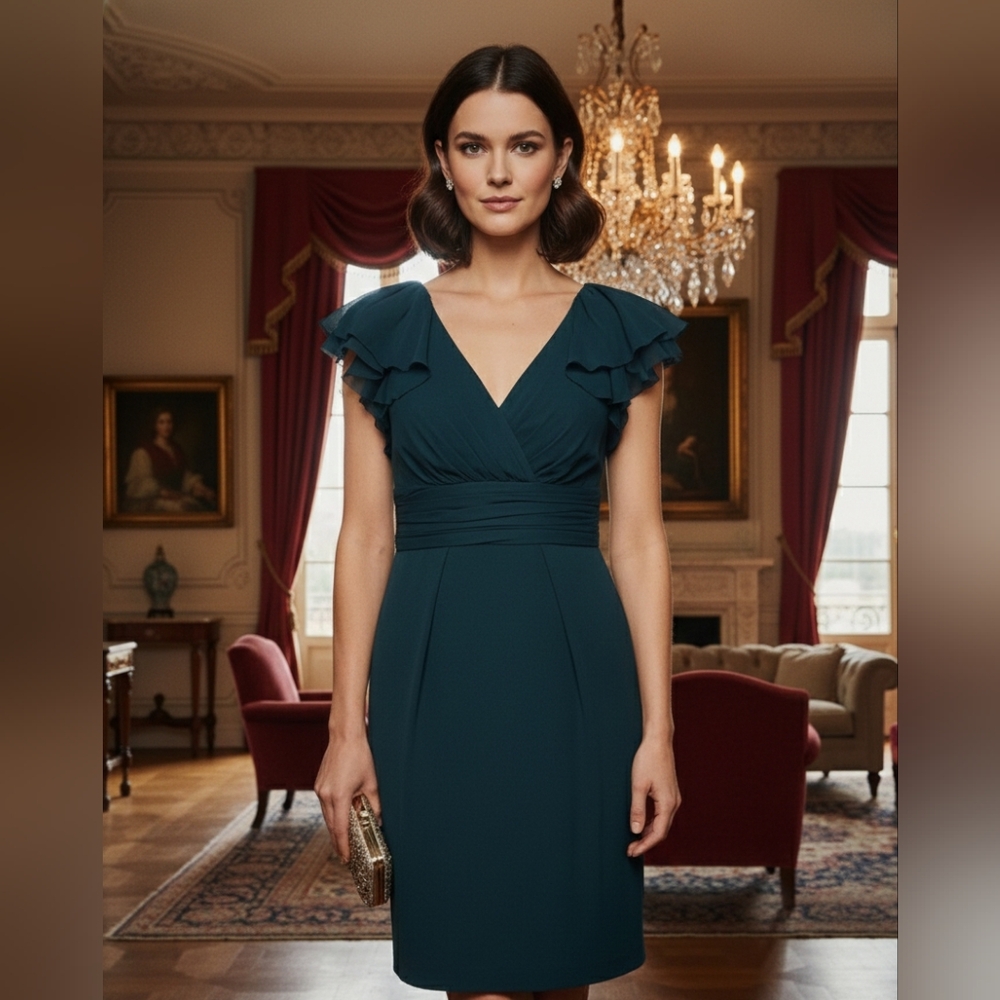 NWT Marchesa Notte SILK blue Ruffle cocktail party midi dress 6